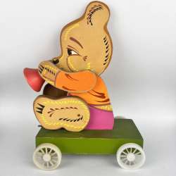 Big Vintage USSR Handmade Wooden Wood Kids Toy Bear Plays Trumpet Trailer Tag