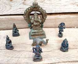 Antique Solid Brass Hindu Elephant God Ganesha Set 6 Figurines Miniature Statue
