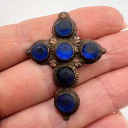 Rare Ancient Antique Bronze Pendant Cross of the Middle Ages Artifact Blue Glass