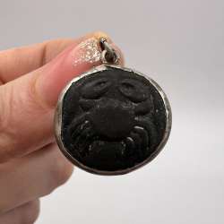 Antique Women's Jewelry Pendant Silver 800 Hand Carved Crab Volcanic Lava