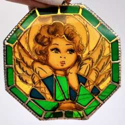 Massive Vintage Silver Pendant Angel Stained Glass Enamel Crealon Italy Marked