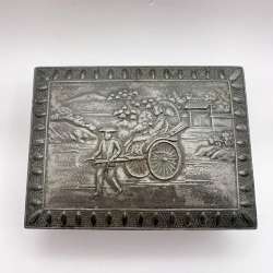 Vintage Jewelry Trinket Box Pewter Wood Etched Collectible Marked Japan