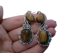 Vintage earrings 925 sterling silver studded with natural tiger's eye stones