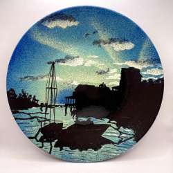 1970 Large Decorative Wall Metal Plate Enamel Port Landscape Marked Yugoslavia