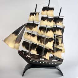 1981 Large Vintage USSR Model of Ship Sailing Handmade Horn Souvenir Signed 16