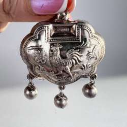 Large Antique Chinese Lock Charm Silver 999 Ethnic Pendant Amulet Rooster Bells