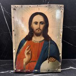 Vintage Old Ukrainian Hand Oil Painting on Wood Christian Icon Jesus 9