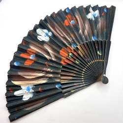Vintage Asian Black Folding Hand Fan Hand Painted Flower Wooden Fabric