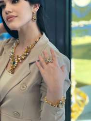 New Massive IZES Women's Set of Necklace Earrings Ring Bracelet Gold 21K Emerald