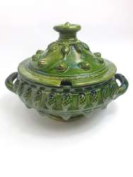 High-quality Antique Bowl With Lid made of Ceramic, Green, Handmade