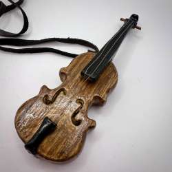 Big Vintage Handmade Wood Women's Mens Jewelry Necklace Pendant Violin Leather