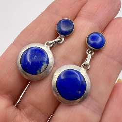 Vintage Silver 925 Women's Jewelry Stud Earrings Lapis Lazuli Gemstone Marked