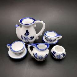 Miniature Figure Tea Coffee Set Hand Painted GZHEL Cobalt Ceramic Souvenir