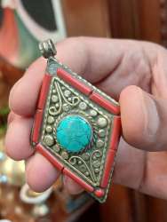 Antique Berber Ethnic Silver Metal Creator Pendant Turquoise Coral Stone