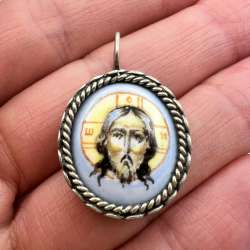 Vintage Silver 925 Christian Jewelry Pendant Icon Enamel Porcelain Jesus Christ