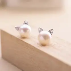 Fashion Jewelry Silver Color Small Pearl Cat Earrings for Women Girls Summer