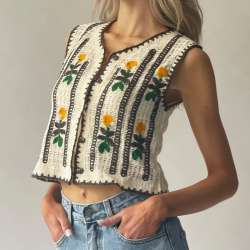 Vintage Floral Crochet Vest for Women Button Front Sleeveless Jacket Tanks Femal