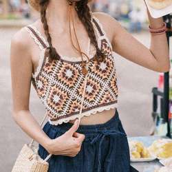 Granny Square Crochet Cami Top Embroidery Geo Open-knit Strap Crop Camis