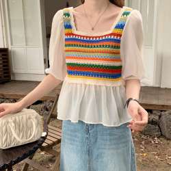 Rainbow Striped Crochet Knit Top for Women Square Neck Chiffon Half Sleeve Blous