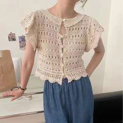 Embroidery Crochet Top Cardigan Flying Sleeve Wavy Hem Crop Tops for Women Korea