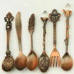 6pcs Bronze Carved Eco-Friendly Small Tea Coffee Spoons and Forks - Mixing Scoop