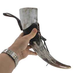 Handmade Natural Cow Horn Drinking Cup - Beer Mug with Leather Non-Slip Cover