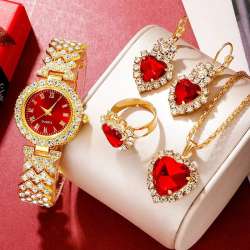 Watch Jewelry Set - Women's Rhinestone Ring, Necklace, Bracelet, Earrings