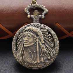Antique Indian Tribe Chieftain Sculpture Quartz Pocket Watch - Vintage Bronze