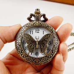 Butterfly Design Hollow Quartz Pocket Watch Necklace with Personalized