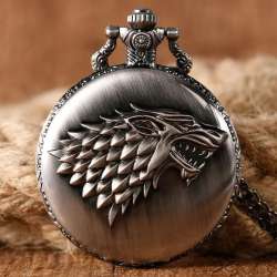 Vintage Engraved Wolf Design Quartz Pocket Watch - Arabic Numerals, Necklace