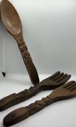 Vintage Wood salad serving 2 forks & spoon tiki style East African Hand Carved
