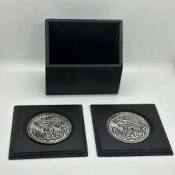 Set of 2 Vintage Wood & Metal Inlay Elephant Decor Coasters Black with box