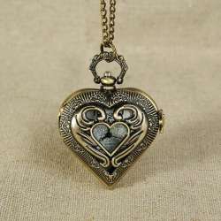 Vintage Bronze Heart Pendant Quartz Pocket Watch with Necklace Chain