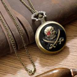 Retro Punk Pirate Captain Double Knife Quartz Pocket Watch with Necklace Chain