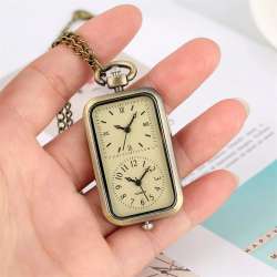Dual Time Zone Bronze Quartz Pocket Watch Rectangle Necklace with Fob Chain