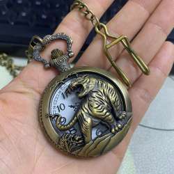 Retro Bronze Tiger Pattern Men’s Quartz Pocket Watch with Chain - Vintage