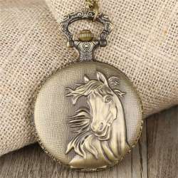 Vintage Horse Pattern Quartz Pocket Watch - Large Necklace Pendant with Digital