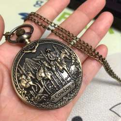 Vintage Cowboy Quartz Pocket Watch Necklace - Unique Western Charm Gift