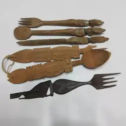 Africa Primitive Spoon & Fork Wooden Carved Hand Antique Kitchen Vintage Wood