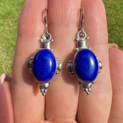 Vintage Sterling Silver 925 Womens Jewelry Earrings Lapis Lazuli Stone Signed 7g