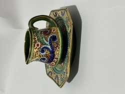 beautiful vintage antique handmade ceramic asian coffee cup & tea with his plate