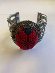 Resizable Red Wool Embroidered Handmade Bracelet Metal Silver Plated