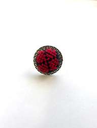 Handmade Red Wool Embroidered Circle Silver Plated Resizable Ring 7.85 Gr.