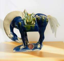 Vintage Chinese Tang Dynasty War Horse Figurine with Drip Style Glaze Blue Gift