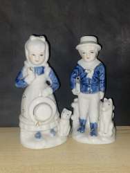 Vintage Blue & White Porcelain Dutch Boy and Girl  Dogs Set Figure Decor 1960
