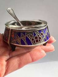 Vintage Soviet Salt Shaker Melhior Glass Enamel  with Spoon Marked