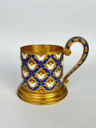 Vintage Soviet USSR Glass Cup Holder Brass Colored Enamel Signed