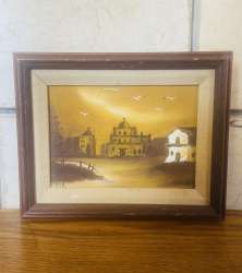 Vintage Hand Painted Old-fashioned Country Church in a Meadow with a Raw Wood