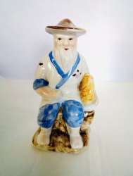 Vantage Asian Figurine Fisherman Blue Hand Painted Ceramic 12cm high , Old Chine