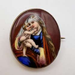 Vintage Women's Jewelry Christian Pin Brooch Gilt Brass Porcelain Virgin Mary